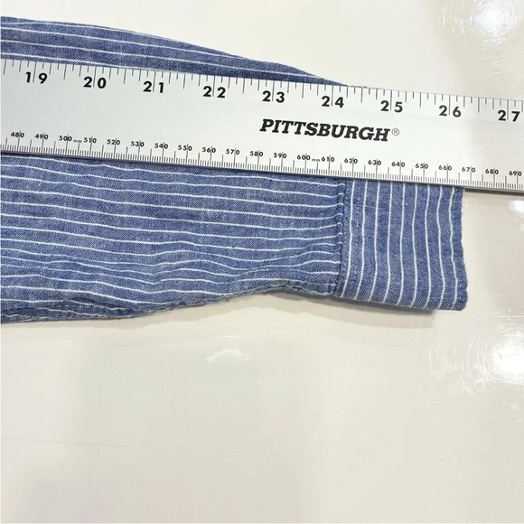 Zara Blue Striped Linen Button Shirt Men’s S Slim Fit Roll Tab Sleeves - Picture 7 of 8